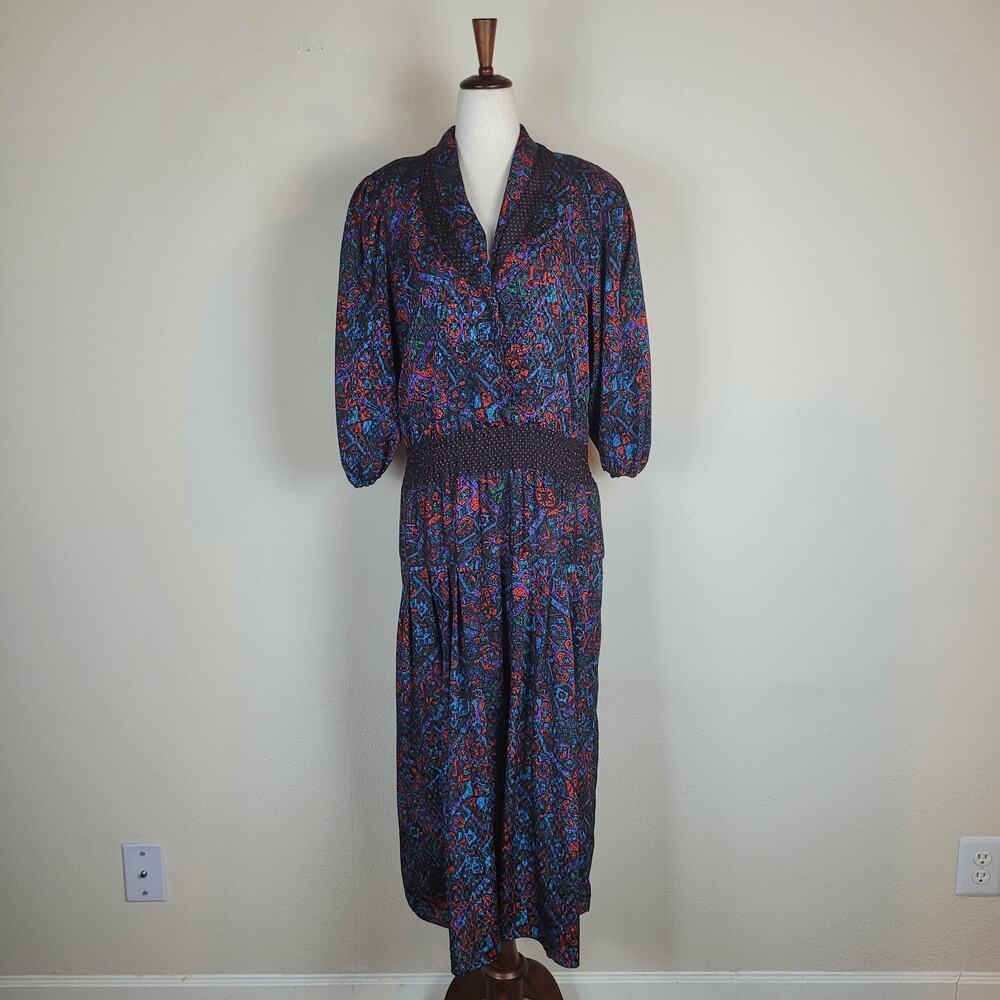 Vintage Diane Freis Georgette Dress Womens Colorful‎ Geometric Print Boho 80s